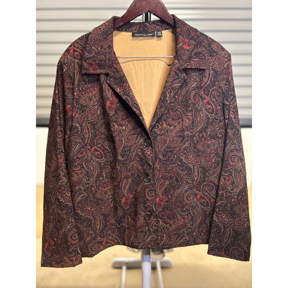 Briggs New York Blazer Women 2X Brown Paisley Button Front Stretch Career Jacket